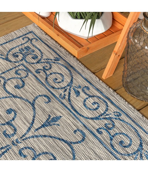 SANTA MONICA Area Rug Charleston Vintage Filigree Textured Weave Gray/Navy 2 ft. x 10 ft. Indoor/Outdoor Runner Rug
