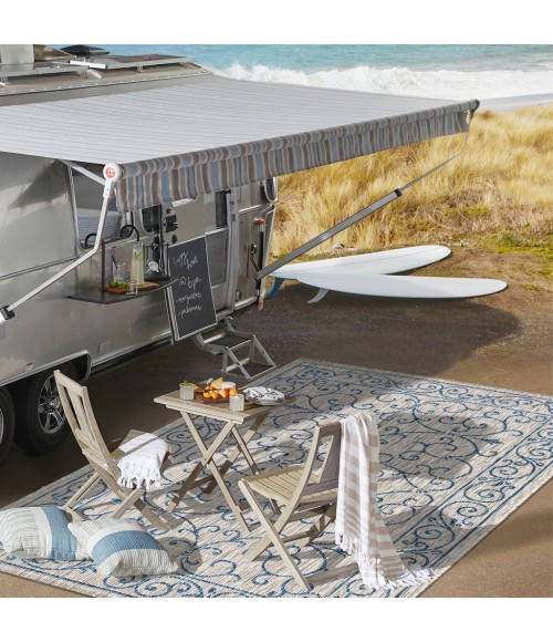 SANTA MONICA Area Rug Charleston Vintage Filigree Textured Weave Gray/Navy 2 ft. x 10 ft. Indoor/Outdoor Runner Rug