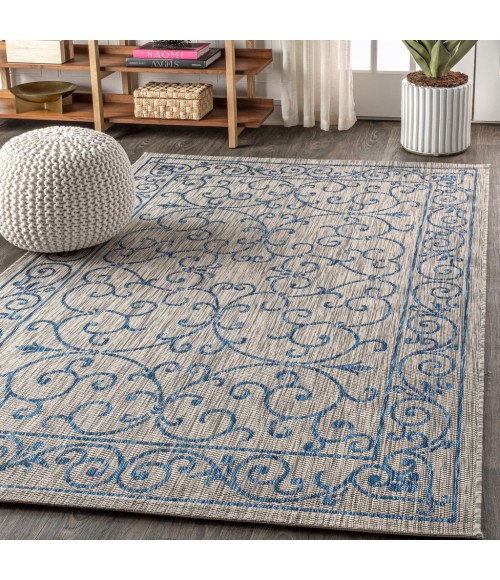 SANTA MONICA Area Rug Charleston Vintage Filigree Textured Weave Gray/Navy 5 ft. x 8 ft. Indoor/Outdoor Area Rug