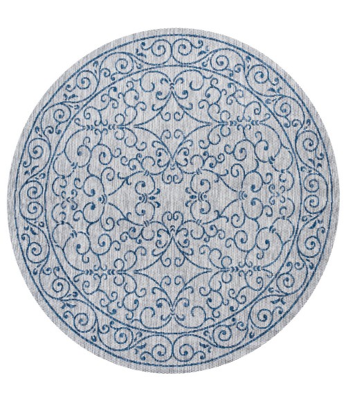 SANTA MONICA Area Rug Charleston Vintage Filigree Textured Weave Gray/Navy 5' Round Indoor/Outdoor Area Rug