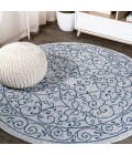 SANTA MONICA Area Rug Charleston Vintage Filigree Textured Weave Gray/Navy 5' Round Indoor/Outdoor Area Rug