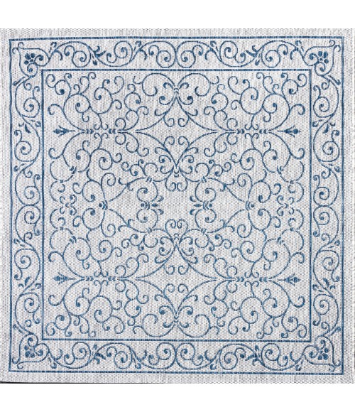 SANTA MONICA Area Rug Charleston Vintage Filigree Textured Weave Gray/Navy 5' Square Indoor/Outdoor Area Rug