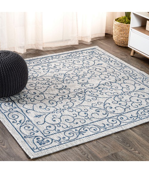 SANTA MONICA Area Rug Charleston Vintage Filigree Textured Weave Gray/Navy 5' Square Indoor/Outdoor Area Rug