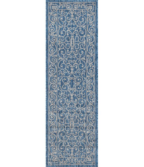 SANTA MONICA Area Rug Charleston Vintage Filigree Textured Weave Navy/Gray 2 ft. x 10 ft. Indoor/Outdoor Runner Rug