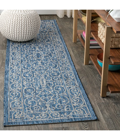 SANTA MONICA Area Rug Charleston Vintage Filigree Textured Weave Navy/Gray 2 ft. x 10 ft. Indoor/Outdoor Runner Rug