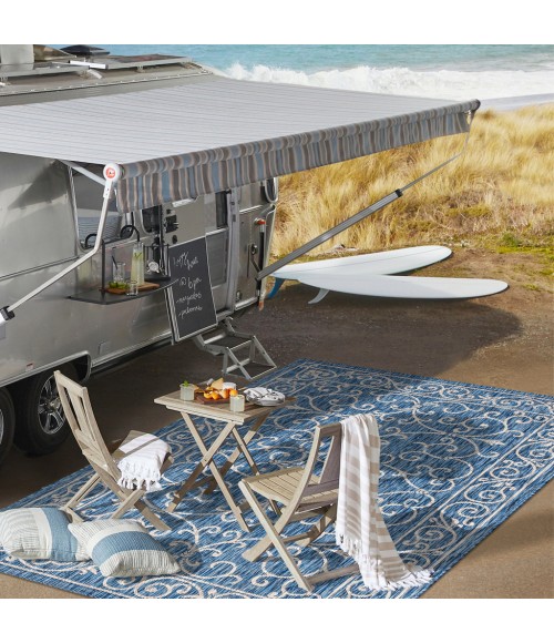 SANTA MONICA Area Rug Charleston Vintage Filigree Textured Weave Navy/Gray 2 ft. x 10 ft. Indoor/Outdoor Runner Rug