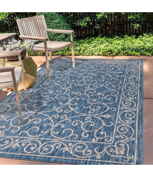 SANTA MONICA Area Rug Charleston Vintage Filigree Textured Weave Navy/Gray 8 ft. x 10 ft. Indoor/Outdoor Area Rug