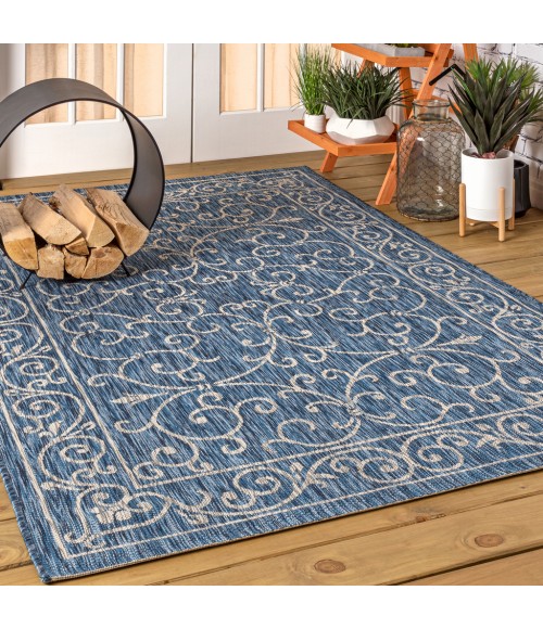 SANTA MONICA Area Rug Charleston Vintage Filigree Textured Weave Navy/Gray 8 ft. x 10 ft. Indoor/Outdoor Area Rug