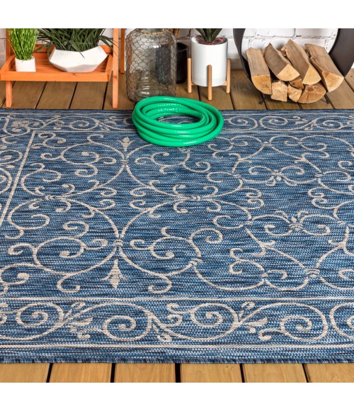 SANTA MONICA Area Rug Charleston Vintage Filigree Textured Weave Navy/Gray 8 ft. x 10 ft. Indoor/Outdoor Area Rug