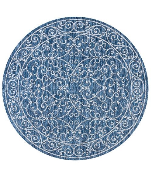Charleston Vintage Filigree Textured Weave Navy/Gray 5' Round Indoor/Outdoor Area Rug
