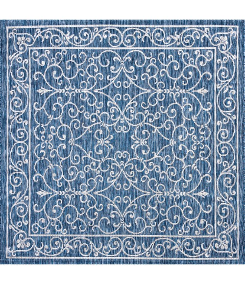 Charleston Vintage Filigree Textured Weave Navy/Gray 5' Square Indoor/Outdoor Area Rug