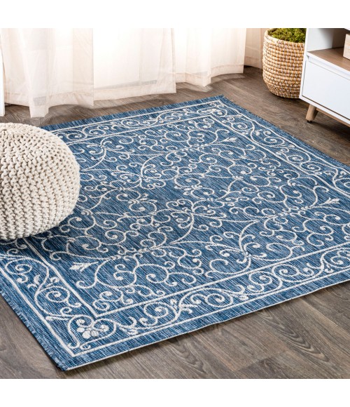 Charleston Vintage Filigree Textured Weave Navy/Gray 5' Square Indoor/Outdoor Area Rug
