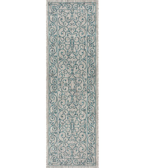 SANTA MONICA Area Rug Charleston Vintage Filigree Textured Weave Gray/Teal 2 ft. x 8 ft. Indoor/Outdoor Runner Rug