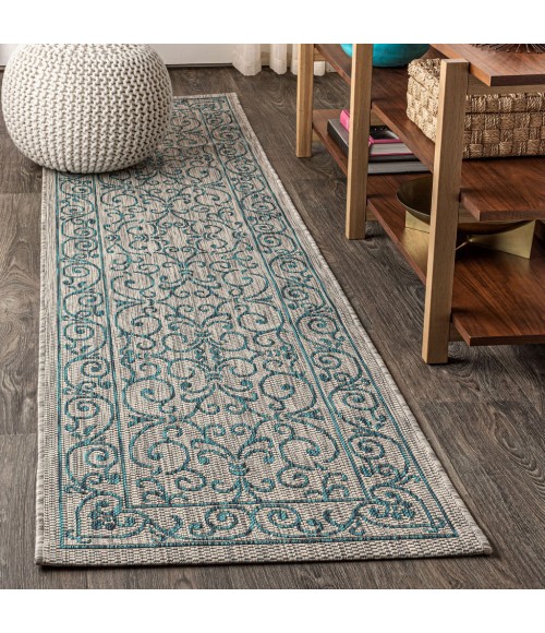 SANTA MONICA Area Rug Charleston Vintage Filigree Textured Weave Gray/Teal 2 ft. x 8 ft. Indoor/Outdoor Runner Rug