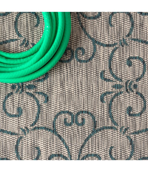 Charleston Vintage Filigree Textured Weave Gray/Teal 8 ft. x 10 ft. Indoor/Outdoor Area Rug