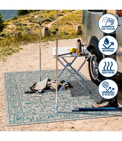 SANTA MONICA Area Rug Charleston Vintage Filigree Textured Weave Gray/Teal 2 ft. x 8 ft. Indoor/Outdoor Runner Rug