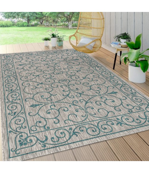 Charleston Vintage Filigree Textured Weave Gray/Teal 8 ft. x 10 ft. Indoor/Outdoor Area Rug
