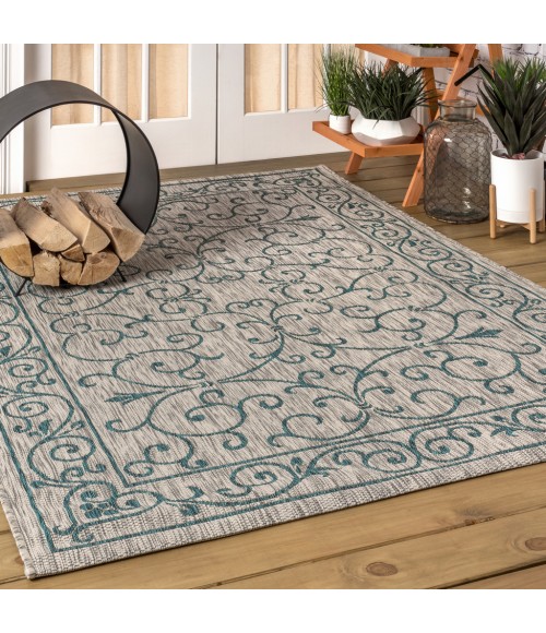 Charleston Vintage Filigree Textured Weave Gray/Teal 8 ft. x 10 ft. Indoor/Outdoor Area Rug
