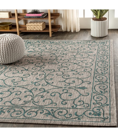 Charleston Vintage Filigree Textured Weave Gray/Teal 8 ft. x 10 ft. Indoor/Outdoor Area Rug