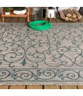 Charleston Vintage Filigree Textured Weave Gray/Teal 8 ft. x 10 ft. Indoor/Outdoor Area Rug
