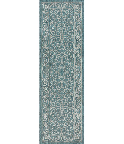 SANTA MONICA Area Rug Charleston Vintage Filigree Textured Weave Teal/Gray 2 ft. x 10 ft. Indoor/Outdoor Runner Rug