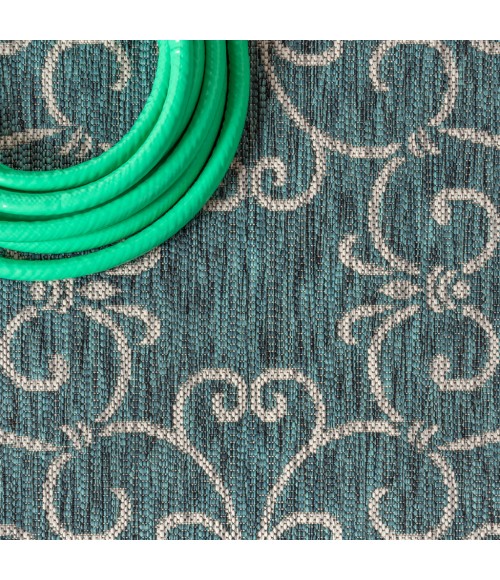 SANTA MONICA Area Rug Charleston Vintage Filigree Textured Weave Teal/Gray 9 ft. x 12 ft. Indoor/Outdoor Area Rug
