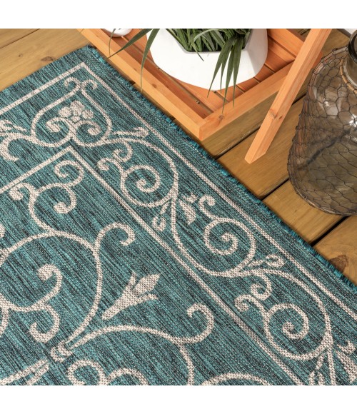 SANTA MONICA Area Rug Charleston Vintage Filigree Textured Weave Teal/Gray 9 ft. x 12 ft. Indoor/Outdoor Area Rug