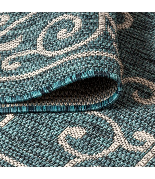 SANTA MONICA Area Rug Charleston Vintage Filigree Textured Weave Teal/Gray 2 ft. x 10 ft. Indoor/Outdoor Runner Rug