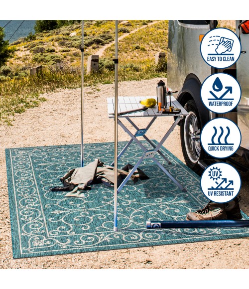 SANTA MONICA Area Rug Charleston Vintage Filigree Textured Weave Teal/Gray 2 ft. x 10 ft. Indoor/Outdoor Runner Rug