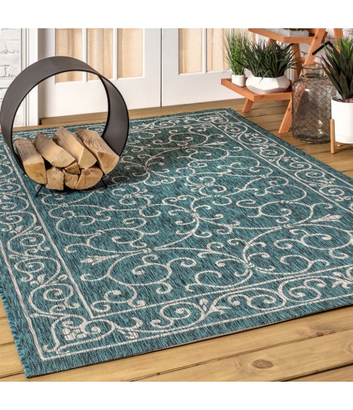 SANTA MONICA Area Rug Charleston Vintage Filigree Textured Weave Teal/Gray 9 ft. x 12 ft. Indoor/Outdoor Area Rug