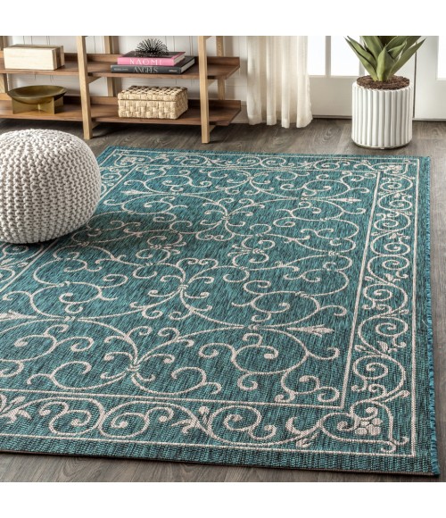 SANTA MONICA Area Rug Charleston Vintage Filigree Textured Weave Teal/Gray 9 ft. x 12 ft. Indoor/Outdoor Area Rug