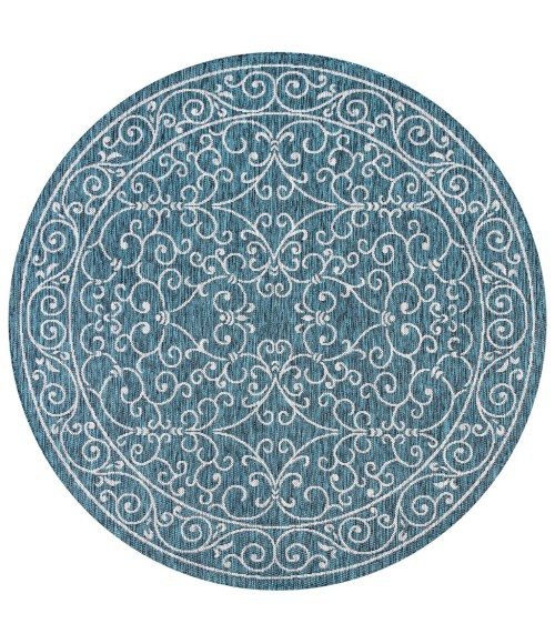 SANTA MONICA Area Rug Charleston Vintage Filigree Textured Weave Teal/Gray 5' Round Indoor/Outdoor Area Rug