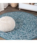 SANTA MONICA Area Rug Charleston Vintage Filigree Textured Weave Teal/Gray 5' Round Indoor/Outdoor Area Rug