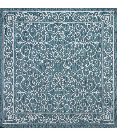 SANTA MONICA Area Rug Charleston Vintage Filigree Textured Weave Teal/Gray 5' Square Indoor/Outdoor Area Rug