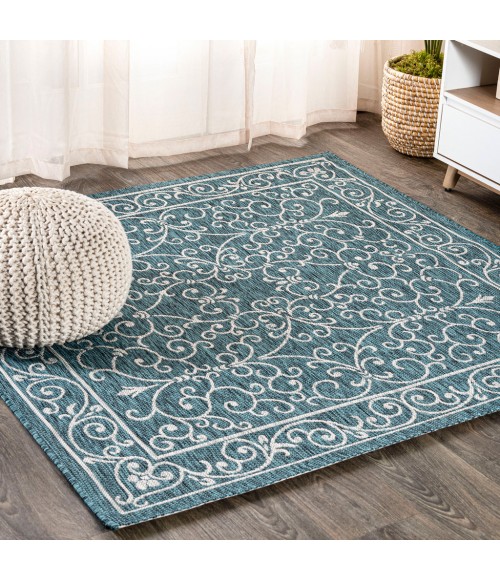 SANTA MONICA Area Rug Charleston Vintage Filigree Textured Weave Teal/Gray 5' Square Indoor/Outdoor Area Rug