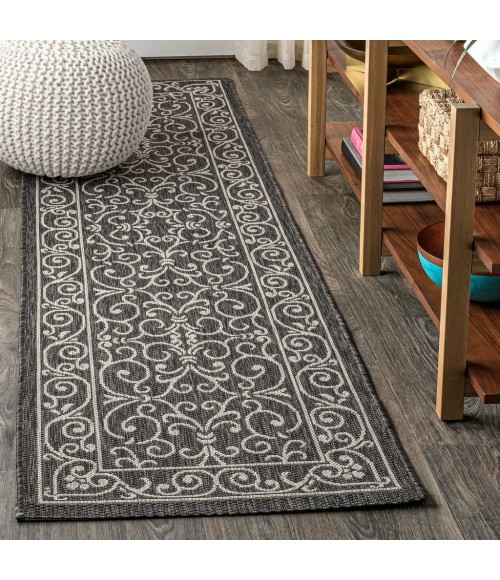 SANTA MONICA Area Rug Charleston Vintage Filigree Textured Weave Black/Gray 2 ft. x 8 ft. Indoor/Outdoor Runner Rug
