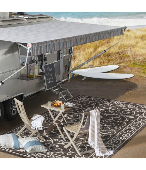 SANTA MONICA Area Rug Charleston Vintage Filigree Textured Weave Black/Gray 2 ft. x 8 ft. Indoor/Outdoor Runner Rug