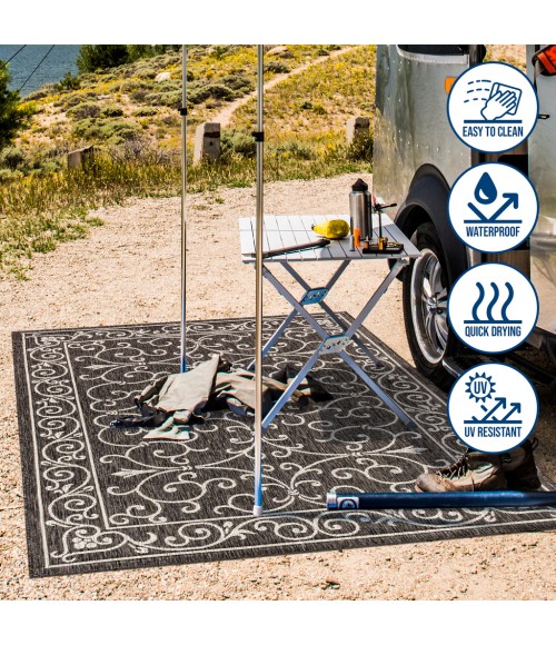 SANTA MONICA Area Rug Charleston Vintage Filigree Textured Weave Black/Gray 2 ft. x 8 ft. Indoor/Outdoor Runner Rug