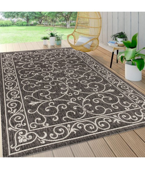 Charleston Vintage Filigree Textured Weave Black/Gray 5 ft. x 8 ft. Indoor/Outdoor Area Rug