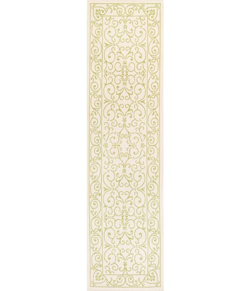 SANTA MONICA Area Rug Charleston Vintage Filigree Textured Weave Cream/Green 2 ft. x 10 ft. Indoor/Outdoor Runner Rug