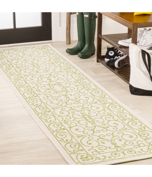 SANTA MONICA Area Rug Charleston Vintage Filigree Textured Weave Cream/Green 2 ft. x 10 ft. Indoor/Outdoor Runner Rug