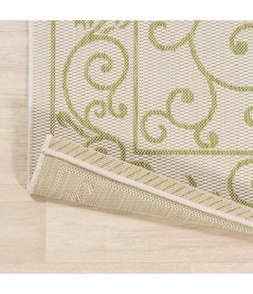 Charleston Vintage Filigree Textured Weave Cream/Green 5' Round Indoor/Outdoor Area Rug