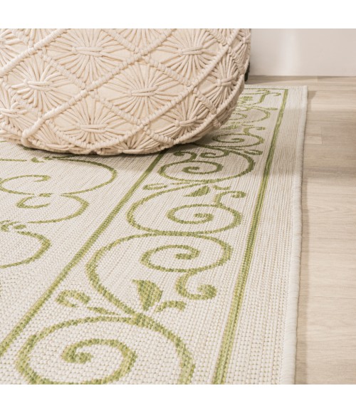 Charleston Vintage Filigree Textured Weave Cream/Green 5' Round Indoor/Outdoor Area Rug