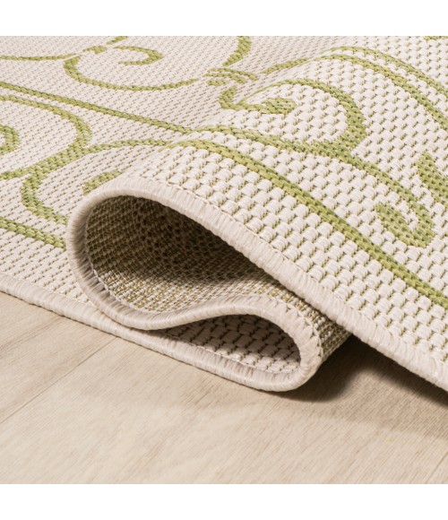 Charleston Vintage Filigree Textured Weave Cream/Green 5' Round Indoor/Outdoor Area Rug