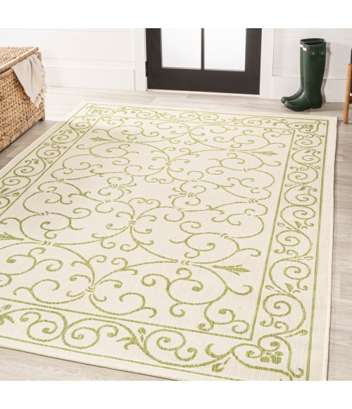 SANTA MONICA Area Rug Charleston Vintage Filigree Textured Weave Cream/Green 9 ft. x 12 ft. Indoor/Outdoor Area Rug