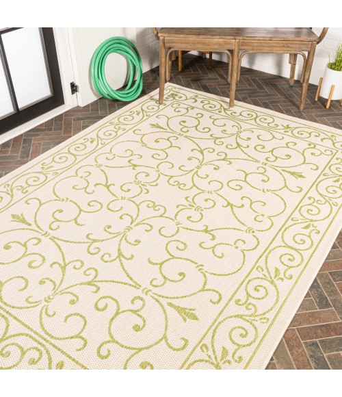 SANTA MONICA Area Rug Charleston Vintage Filigree Textured Weave Cream/Green 9 ft. x 12 ft. Indoor/Outdoor Area Rug