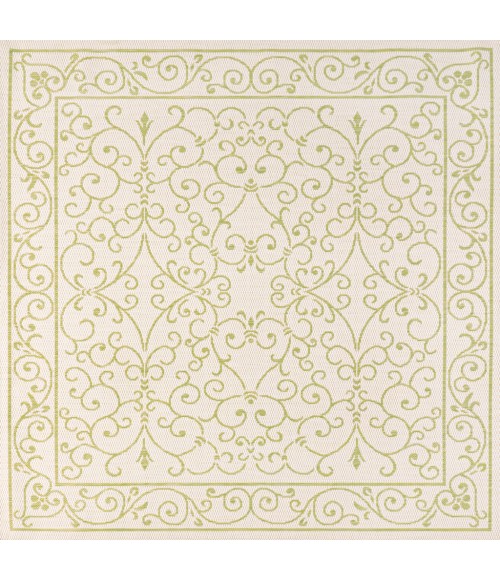 SANTA MONICA Area Rug Charleston Vintage Filigree Textured Weave Cream/Green 5' Square Indoor/Outdoor Area Rug