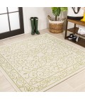 SANTA MONICA Area Rug Charleston Vintage Filigree Textured Weave Cream/Green 5' Square Indoor/Outdoor Area Rug