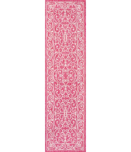 SANTA MONICA Area Rug Charleston Vintage Filigree Textured Weave Fuchsia/Light Gray 2 ft. x 8 ft. Indoor/Outdoor Runner Rug