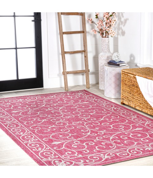 SANTA MONICA Area Rug Charleston Vintage Filigree Textured Weave Fuchsia/Light Gray 3 ft. x 5 ft. Indoor/Outdoor Area Rug
